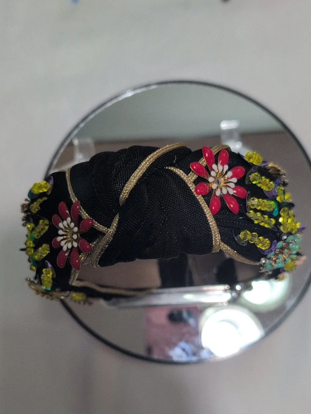 Elegant Black & Gold Head Band With Multi Colored Sequins, Flowers and Crystals